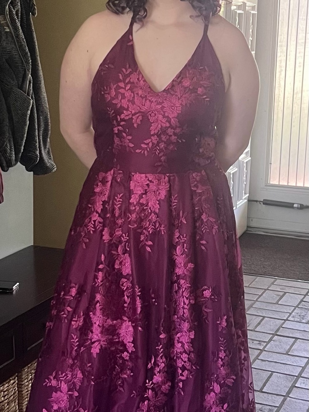 by & by Burgundy Dress with Pink Floral Embroidery